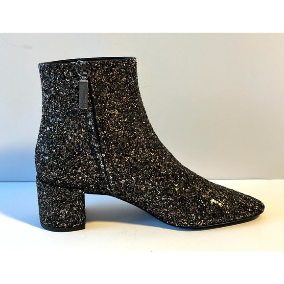 Saint Laurent Black Glitter Block Heel Ankle Booties, Sz 6.5 (US) 36.5 (EU) New - Picture 1 of 12